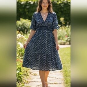 Max Studio Blue and Yellow Patterned Midi Dress